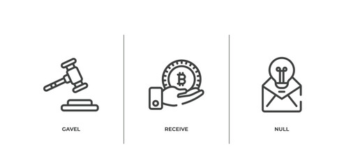 cryptocurrency outline icons set. thin line icons sheet included gavel, receive, null vector.