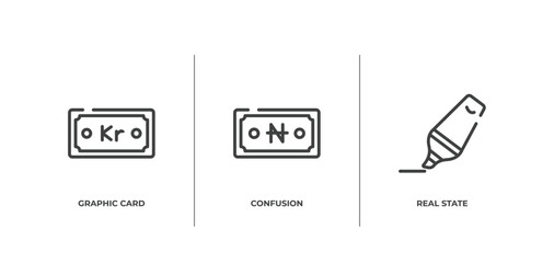 finance outline icons set. thin line icons sheet included graphic card, confusion, real state vector.