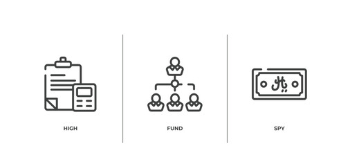 business outline icons set. thin line icons sheet included high, fund, spy vector.