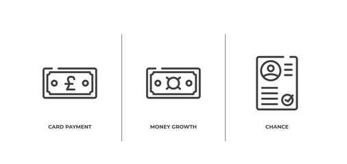 finance outline icons set. thin line icons sheet included card payment, money growth, chance vector.