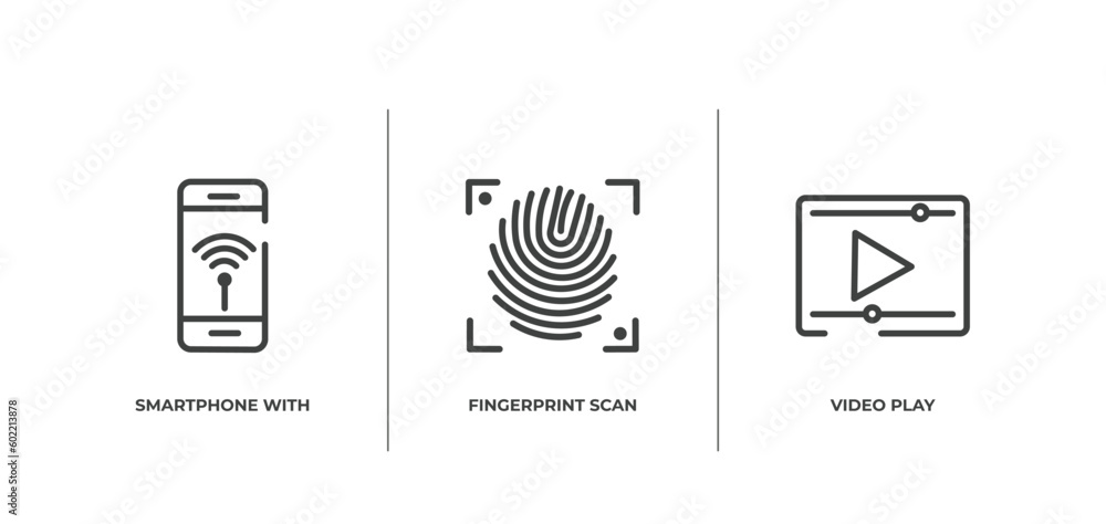 Poster communication and media outline icons set. thin line icons sheet included smartphone with wireless i