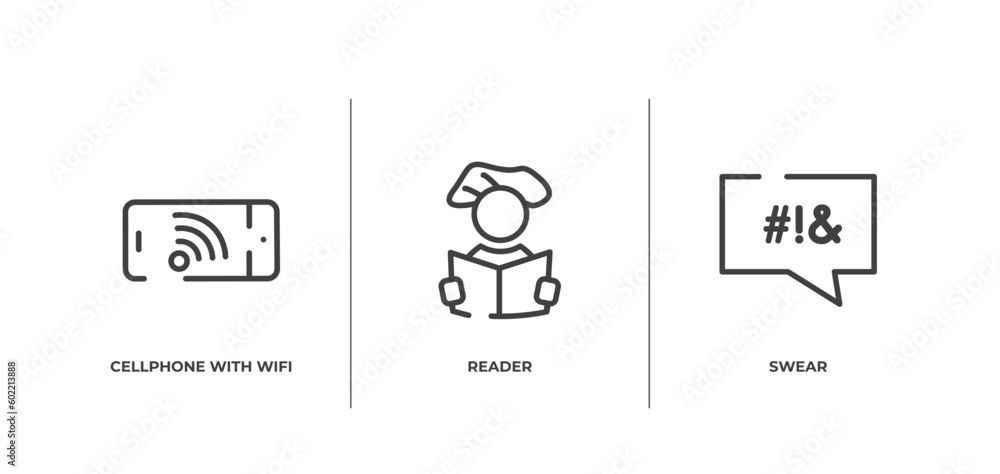 Poster messages communication outline icons set. thin line icons sheet included cellphone with wifi, reader
