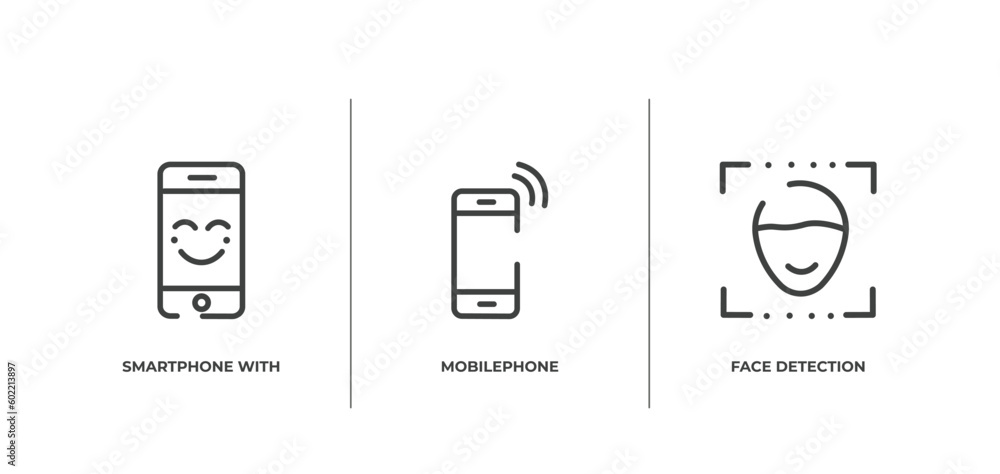 Poster smartphone outline icons set. thin line icons sheet included smartphone with a smile, mobilephone, f
