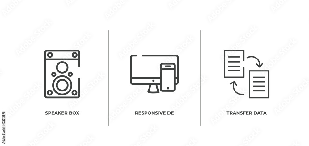 Poster smartphone outline icons set. thin line icons sheet included speaker box, responsive de, transfer da