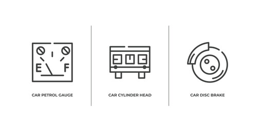 car parts outline icons set. thin line icons sheet included car petrol gauge, car cylinder head, disc brake vector.