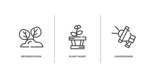 charity outline icons set. thin line icons sheet included reforestation, plant heart, loudspeaker vector.