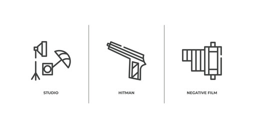 cinema outline icons set. thin line icons sheet included studio, hitman, negative film vector.