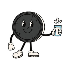 Groovy sandwich cookies character with glass milk. Cute retro mascot. Cartoon isolated vector illustration.