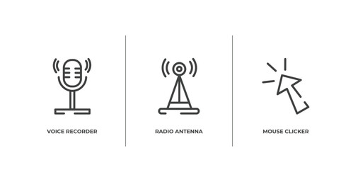 communication and media outline icons set. thin line icons sheet included voice recorder, radio antenna, mouse clicker vector.