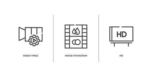cinema outline icons set. thin line icons sheet included video tings, image fotogram, hd vector.