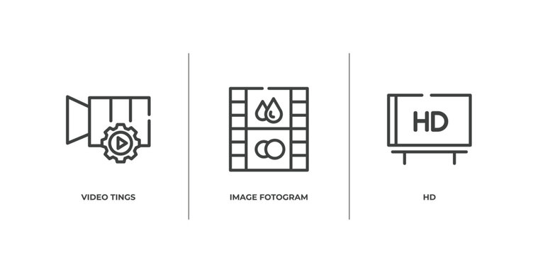 cinema outline icons set. thin line icons sheet included video tings, image fotogram, hd vector.