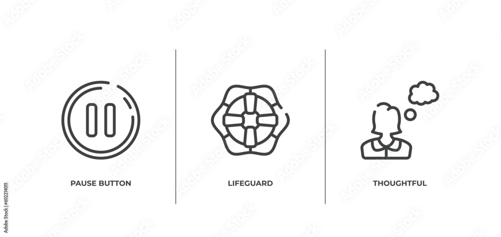 Poster introvert outline icons set. thin line icons sheet included pause button, lifeguard, thoughtful vect