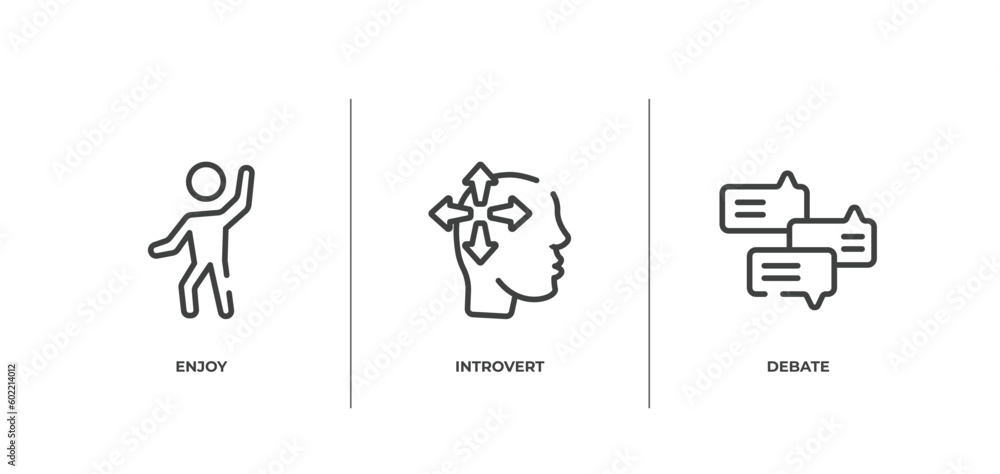 Poster discussion outline icons set. thin line icons sheet included enjoy, introvert, debate vector.