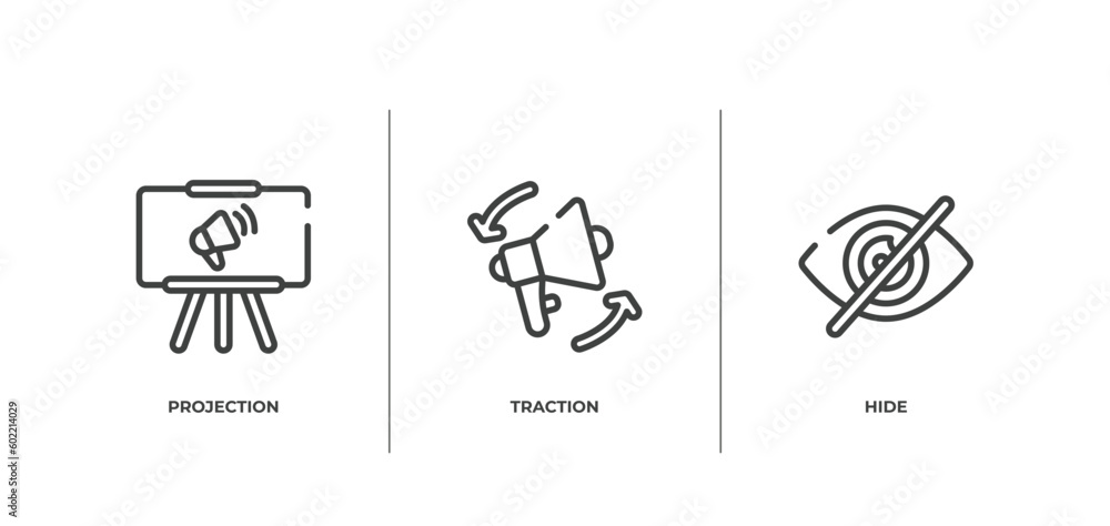 Poster chat outline icons set. thin line icons sheet included projection, traction, hide vector.