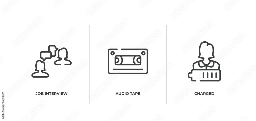 Poster introvert outline icons set. thin line icons sheet included job interview, audio tape, charged vecto
