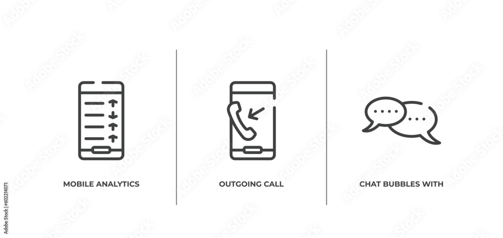 Poster chatting outline icons set. thin line icons sheet included mobile analytics on screen, outgoing call