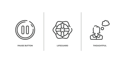 introvert outline icons set. thin line icons sheet included pause button, lifeguard, thoughtful vector.