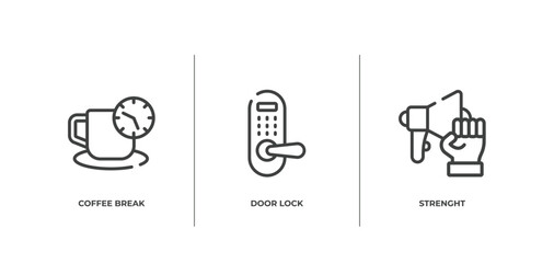 marketing & growth outline icons set. thin line icons sheet included coffee break, door lock, strenght vector.