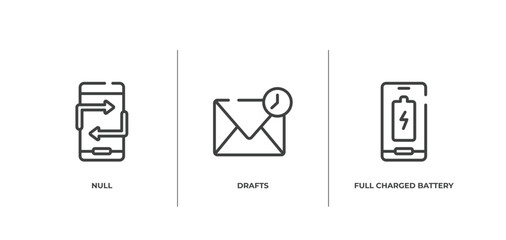mobile phones outline icons set. thin line icons sheet included null, drafts, full charged battery vector.