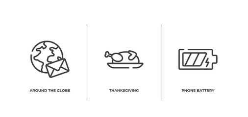 phoneset outline icons set. thin line icons sheet included around the globe, thanksgiving, phone battery vector.