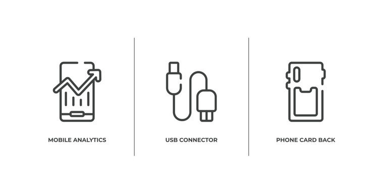 phoneset outline icons set. thin line icons sheet included mobile analytics, usb connector, phone card back vector.