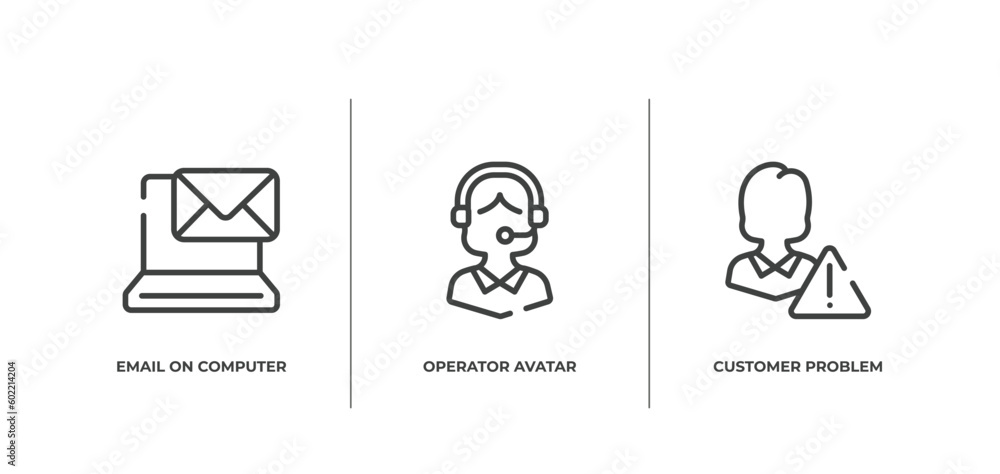 Poster support outline icons set. thin line icons sheet included email on computer, operator avatar, custom