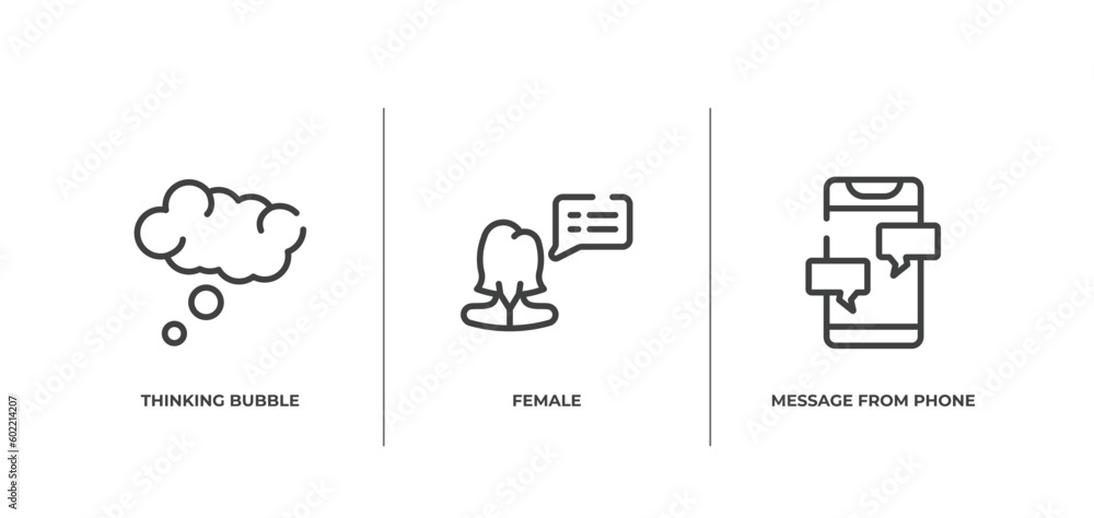 Poster collection. outline outline icons set. thin line icons sheet included thinking bubble, female, messa