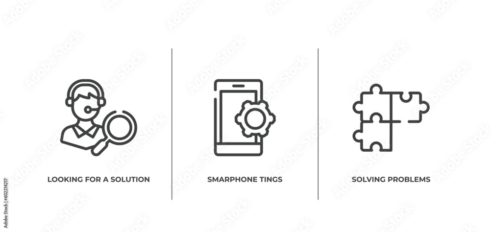 Poster support outline icons set. thin line icons sheet included looking for a solution, smarphone tings, s