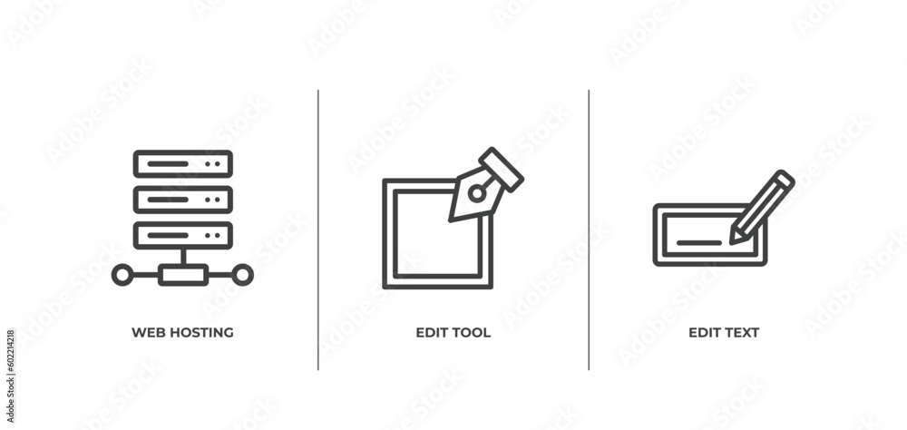Poster web development outline icons set. thin line icons sheet included web hosting, edit tool, edit text 