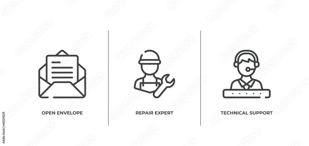 Poster support outline icons set. thin line icons sheet included open envelope, repair expert, technical su