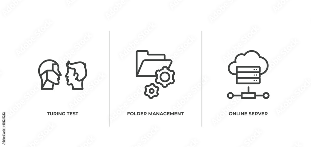 Poster network and database outline icons set. thin line icons sheet included turing test, folder managemen
