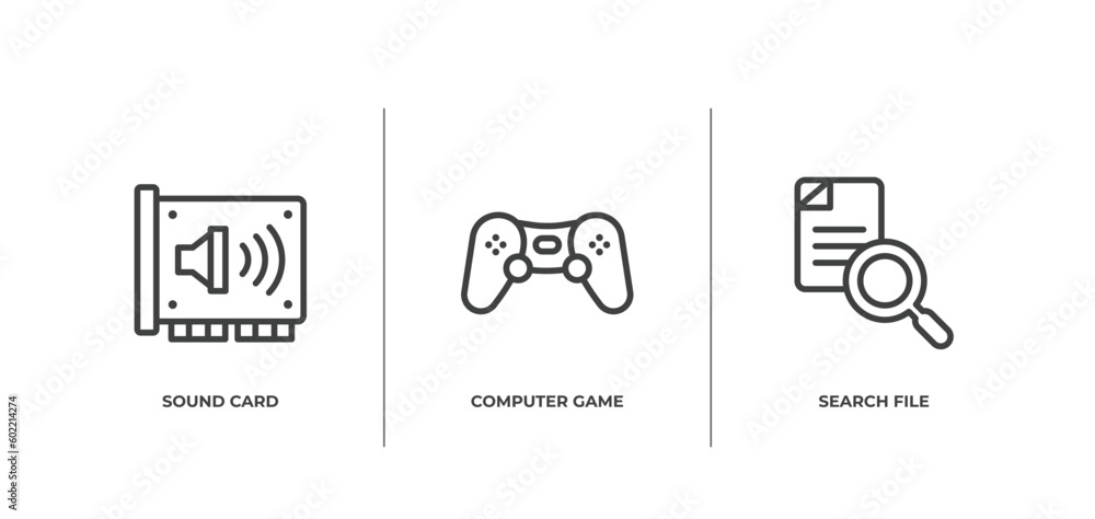Poster data organization outline icons set. thin line icons sheet included sound card, computer game, searc