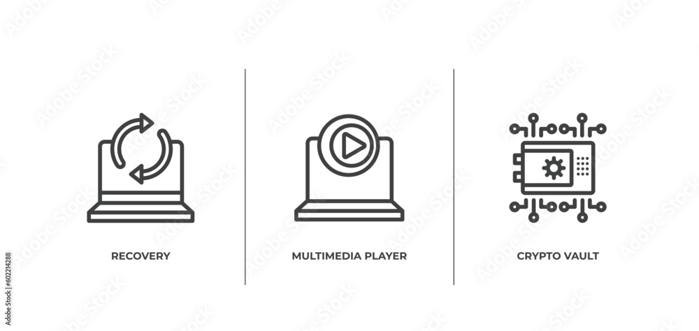 Poster cyber security outline icons set. thin line icons sheet included recovery, multimedia player, crypto