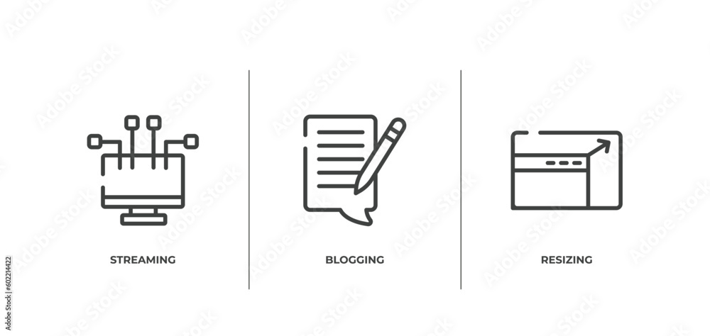 Poster responsive design outline icons set. thin line icons sheet included streaming, blogging, resizing ve