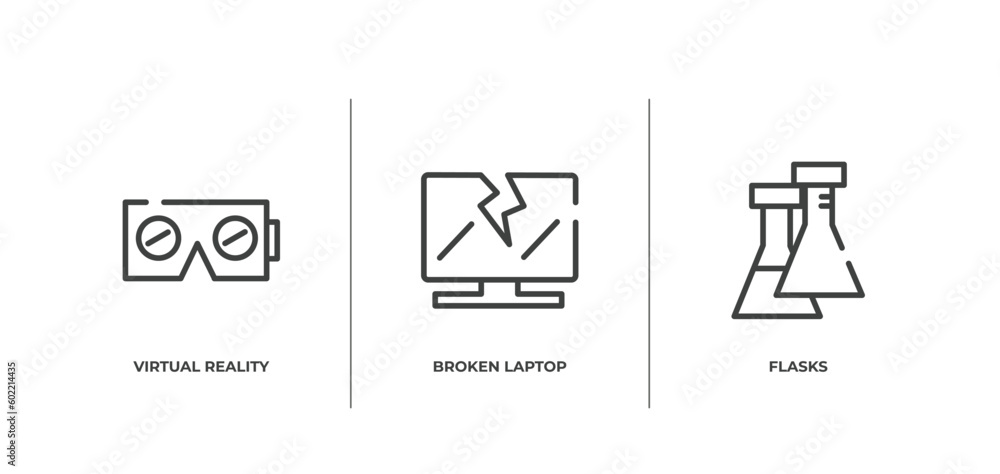 Aufkleber nerd outline icons set. thin line icons sheet included virtual reality, broken laptop, flasks vector