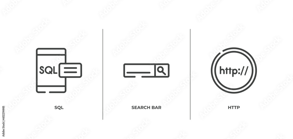 Poster internet outline icons set. thin line icons sheet included sql, search bar, http vector.