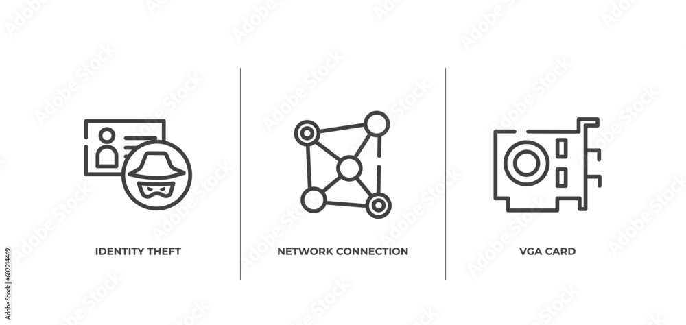 Poster computer outline icons set. thin line icons sheet included identity theft, network connection, vga c