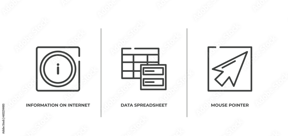 Poster computer and media outline icons set. thin line icons sheet included information on internet, data s