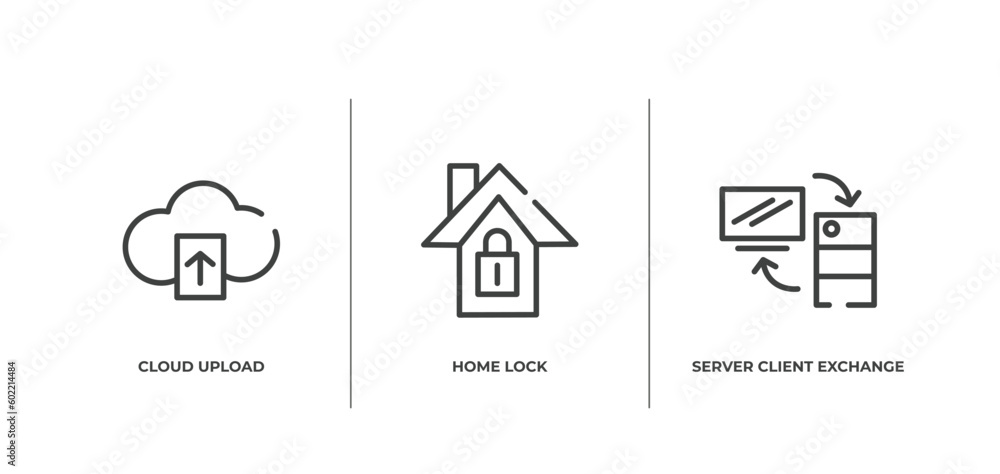 Poster computer and media outline icons set. thin line icons sheet included cloud upload, home lock, server