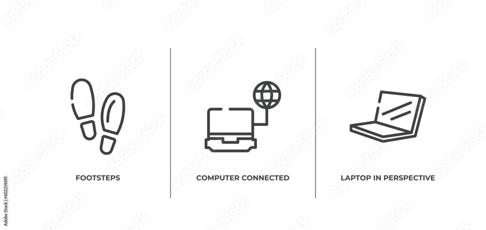 Poster modern screen outline icons set. thin line icons sheet included footsteps, computer connected to int