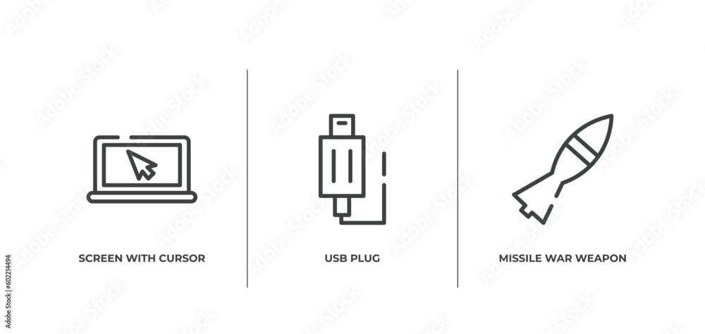 Poster computer and media outline icons set. thin line icons sheet included screen with cursor arrow, usb p