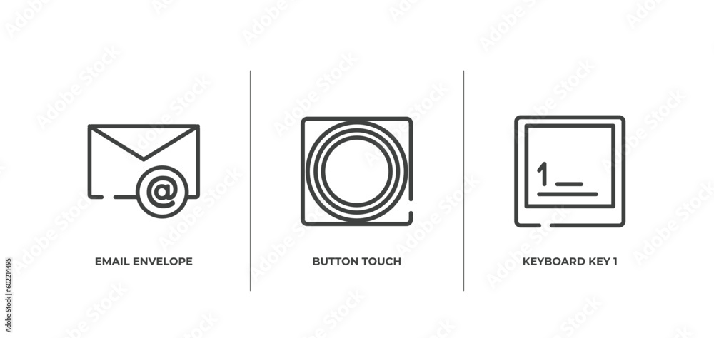 Poster computer and media outline icons set. thin line icons sheet included email envelope, button touch, k