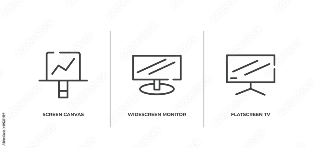 Poster computer and media outline icons set. thin line icons sheet included screen canvas, widescreen monit
