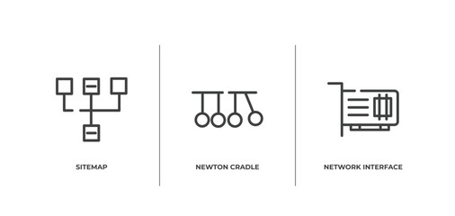 digital services outline icons set. thin line icons sheet included sitemap, newton cradle, network interface card vector.