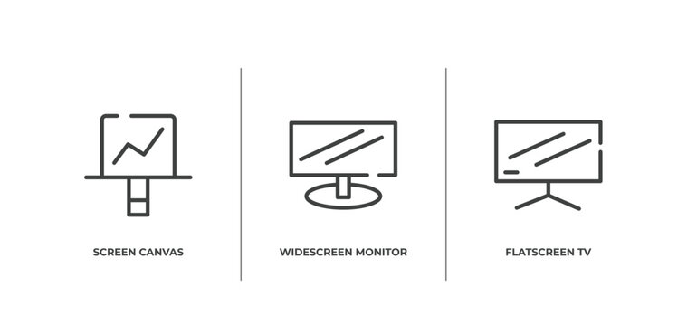 computer and media outline icons set. thin line icons sheet included screen canvas, widescreen monitor, flatscreen tv vector.
