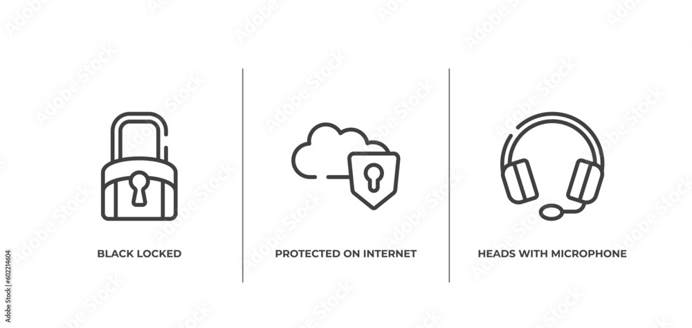 Poster material devices outline icons set. thin line icons sheet included black locked, protected on intern