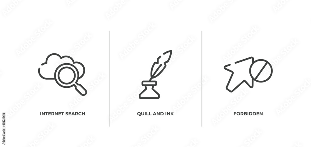 Poster cursors and pointers outline icons set. thin line icons sheet included internet search, quill and in