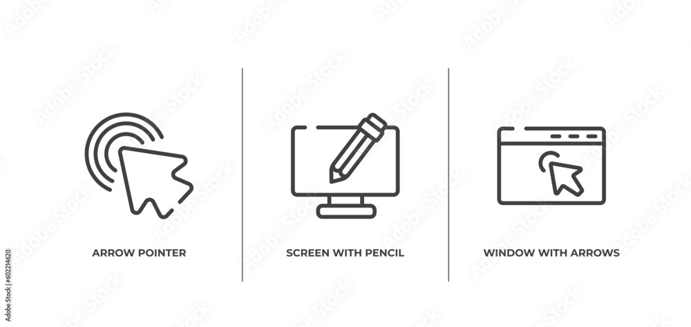 Poster computer and media outline icons set. thin line icons sheet included arrow pointer, screen with penc