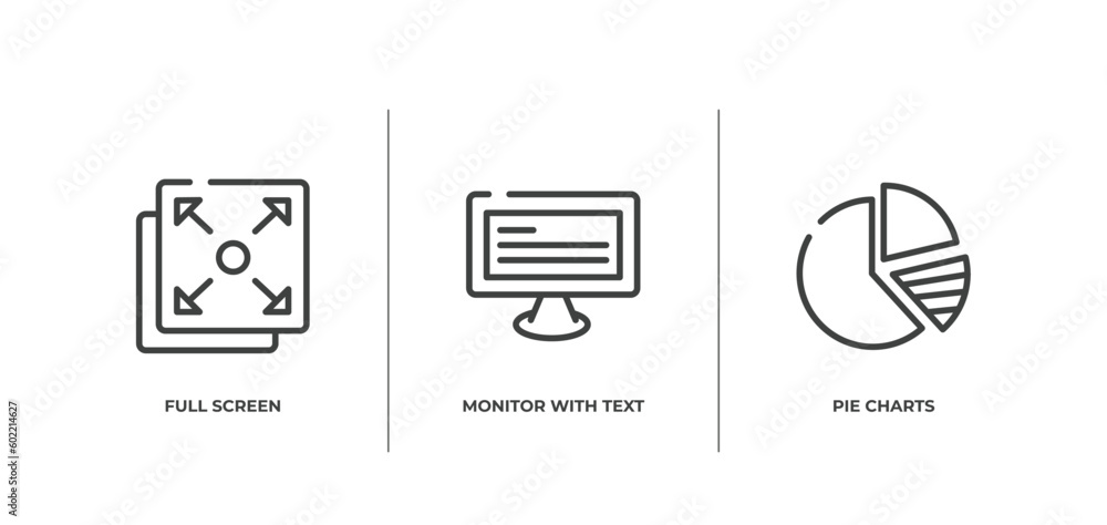 Poster design tools outline icons set. thin line icons sheet included full screen, monitor with text, pie c