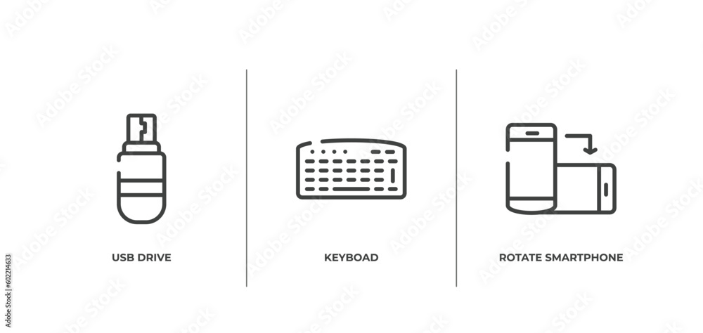 Poster responsive web outline icons set. thin line icons sheet included usb drive, keyboad, rotate smartpho